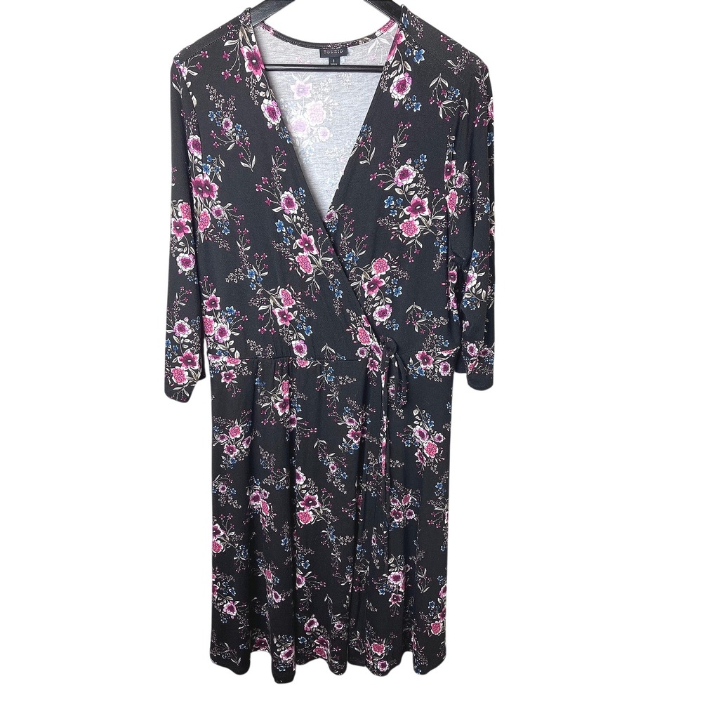 Torrid Floral Faux Wrap Midi Dress Black Pink Blue 3/4 Sleeve Size 1